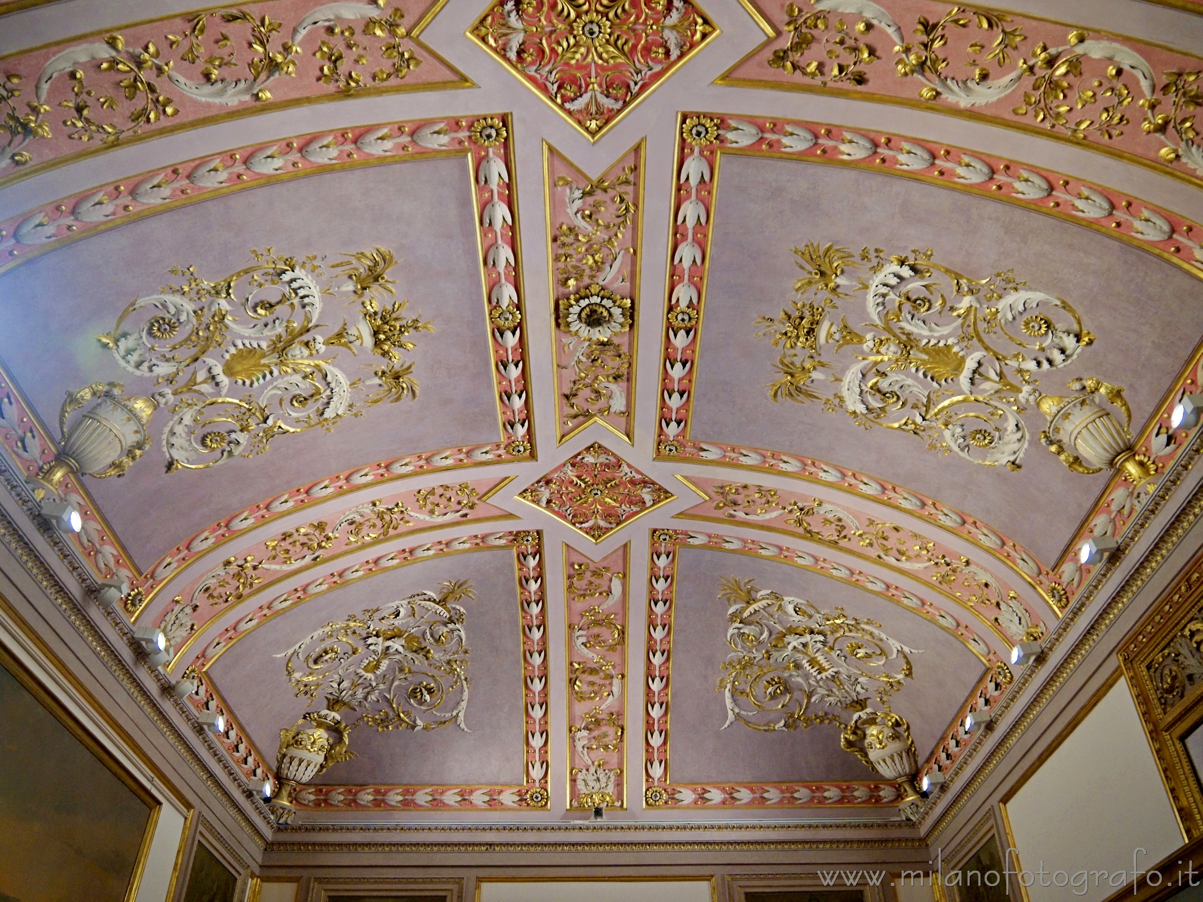 Milan (Italy) - Decorated ceiling of a room inside the Gallerie d'Italia in Scala square